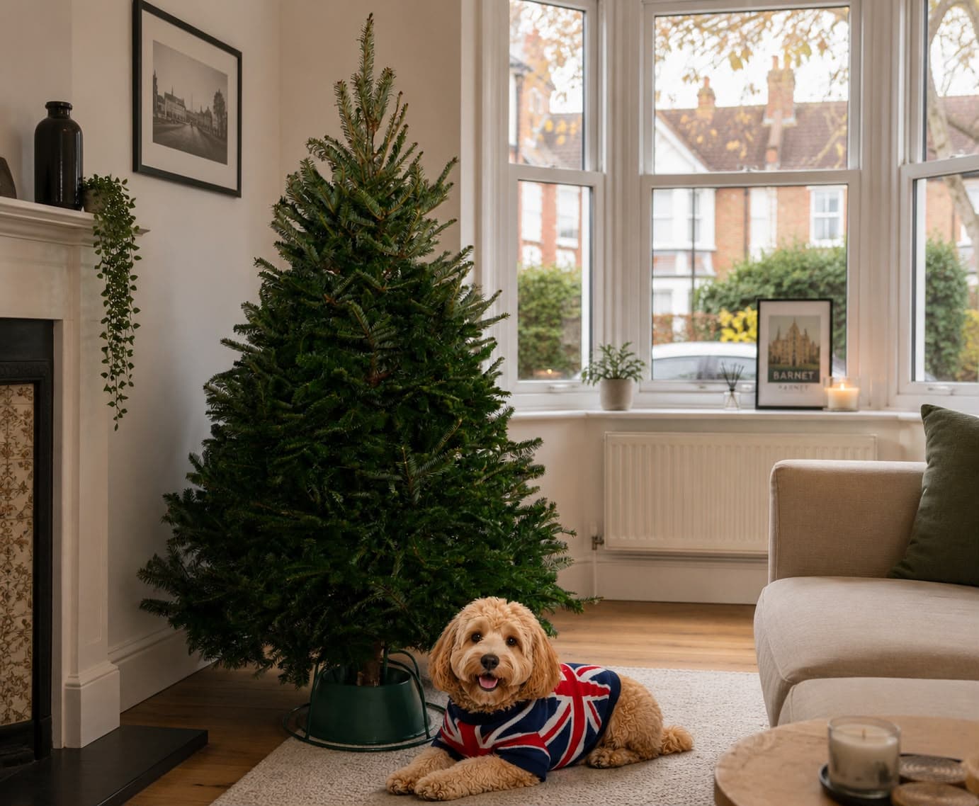 British-grown Christmas tree in a Barnet living room with a dog in a Union Jack jumper, from Holly & Fir